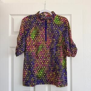 Tzu Tzu Sport Polo Top Stand Up Collar 1/4 Zip Ruched Short Sleeve Women's XL